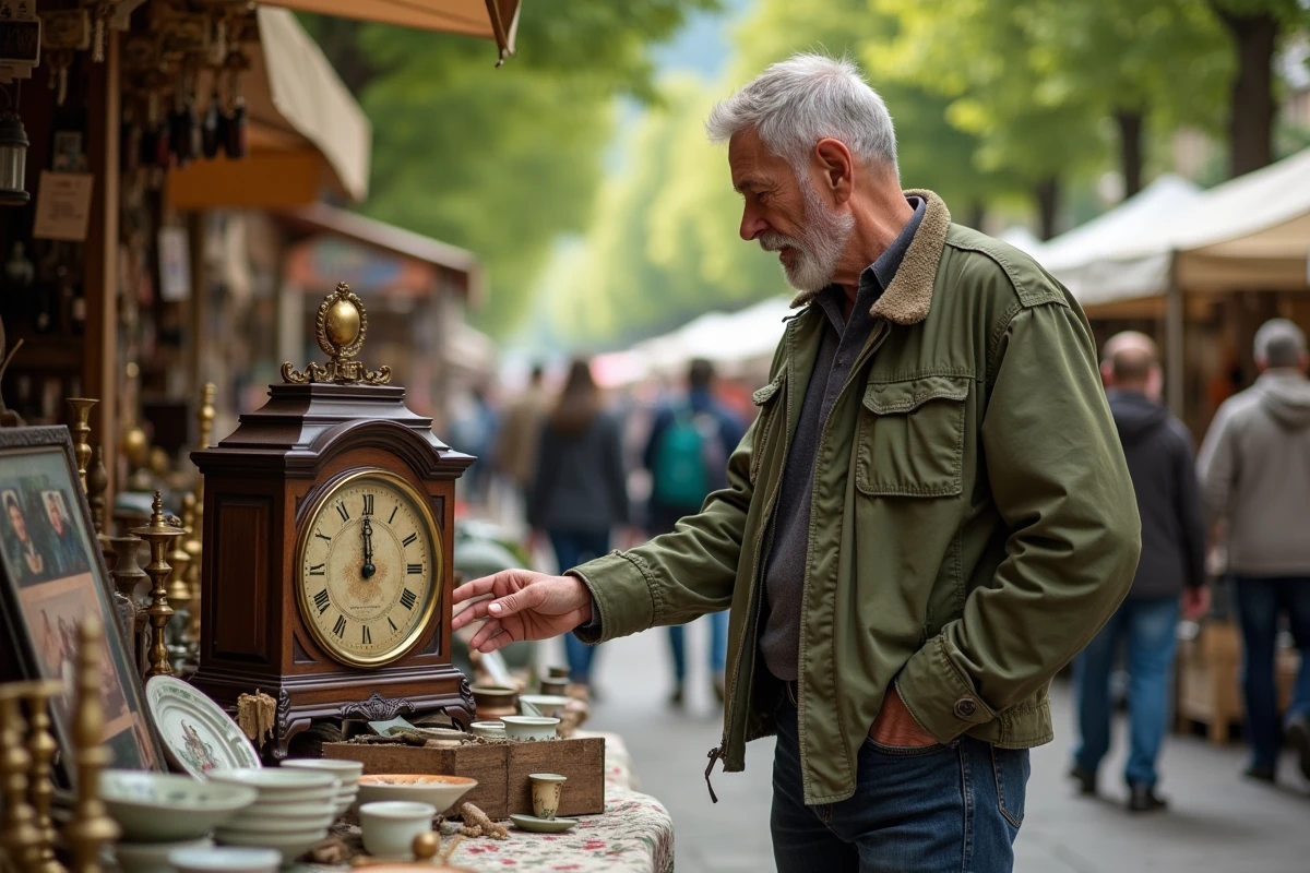 Homme examinant une horloge vintage sur un stand de vide-grenier à Annecy entouré de brocante variée