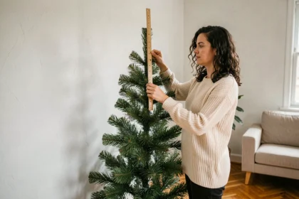 Femme mesurant un sapin de Noël de taille moyenne dans un salon intérieur moderne