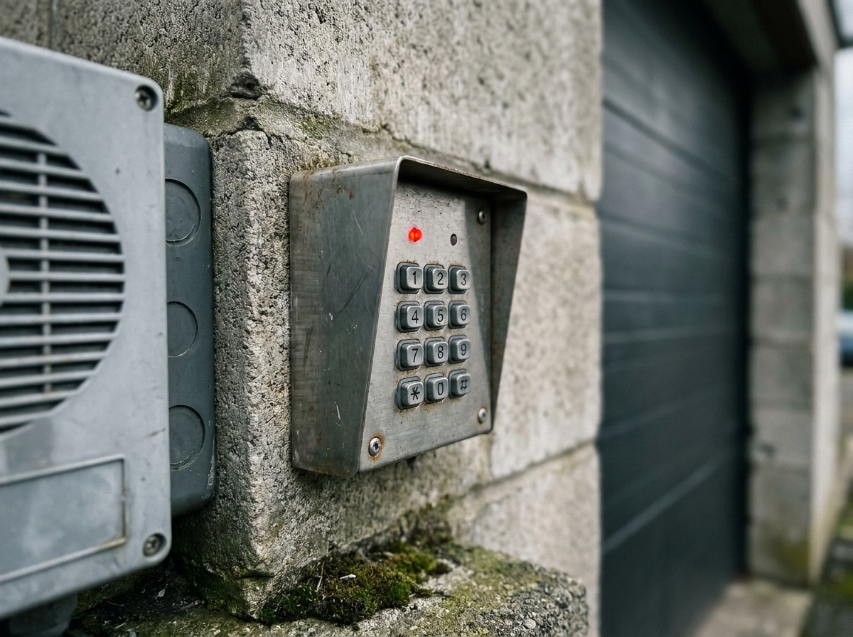 Clavier de sécurité et sirène extérieure installés sur le mur d'un garage résidentiel