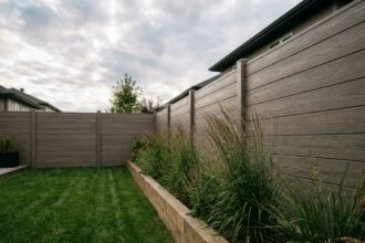 Jardin résidentiel moderne entouré d'une clôture composite gris-brun avec texture bois réaliste et gazon soigné au premier plan