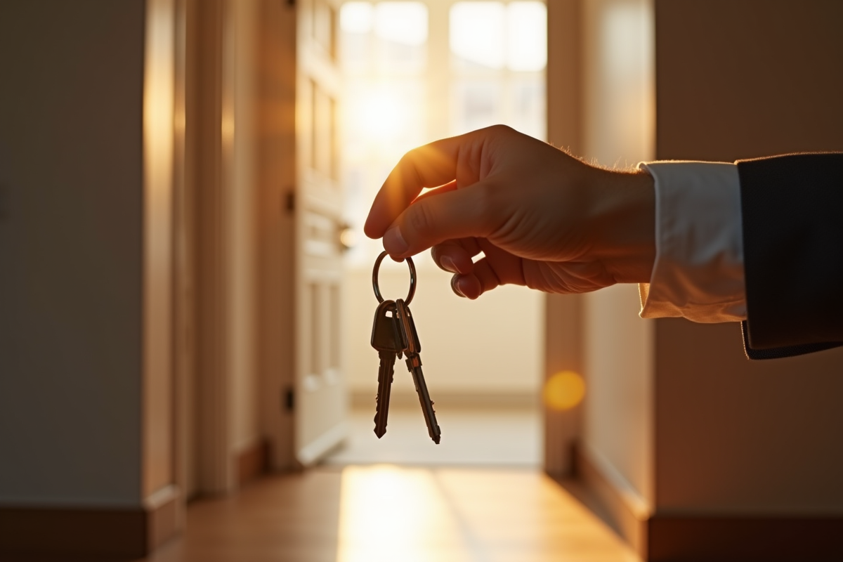 Une main tenant des clés d appartement devant une porte ouverte ensoleillée