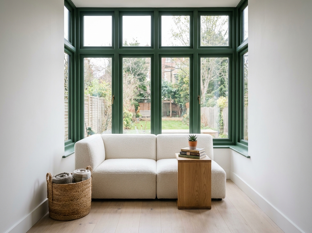 Coin lecture design sous une grande fenêtre en bois vert forêt avec canapé bouclé blanc dans un intérieur scandinave