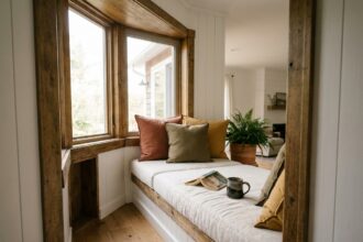 Coin lecture aménagé sous une fenêtre en bois avec banquette rembourrée et coussins en lin crème