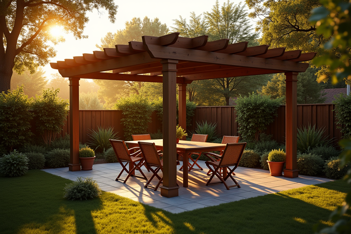 Coin repas sous pergola en fin d