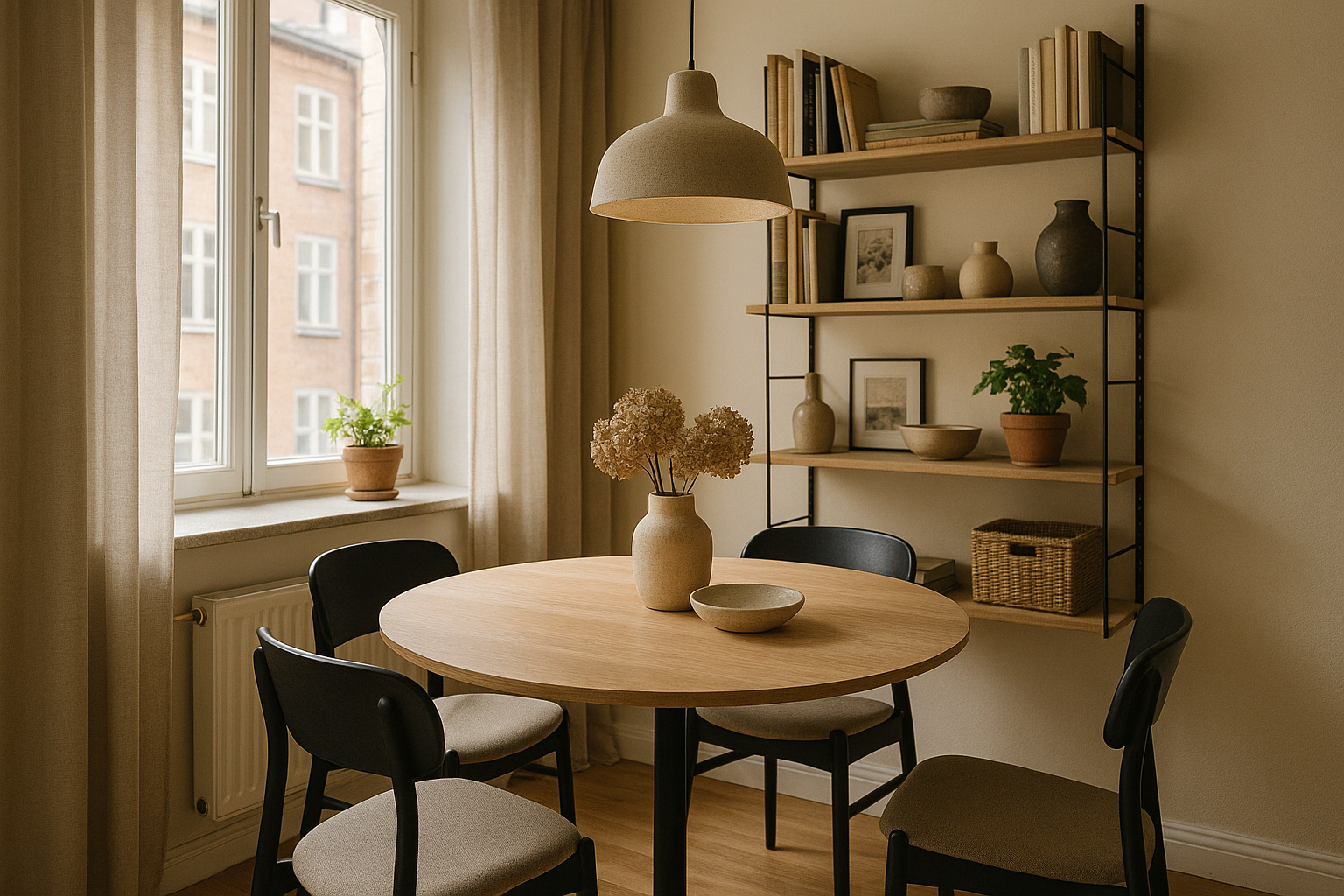 Espace repas cosy dans un appartement urbain avec table ronde et lumière naturelle