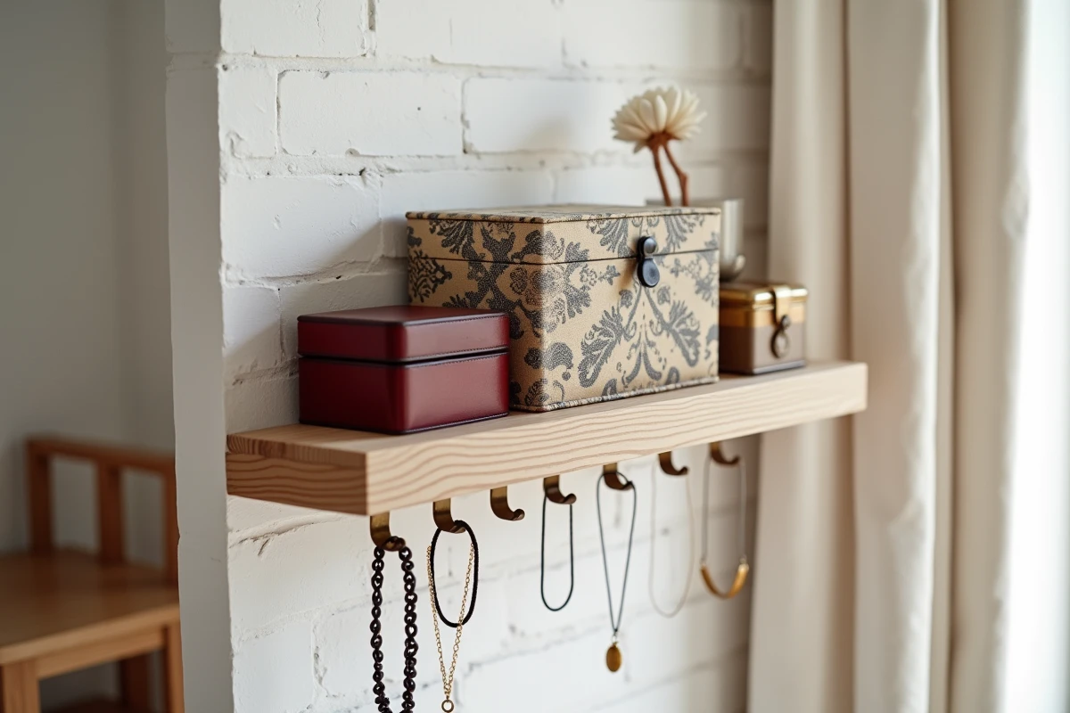 Collection de boîtes à bijoux vintage empilées sur une étagère murale avec crochets pour colliers dans un petit espace