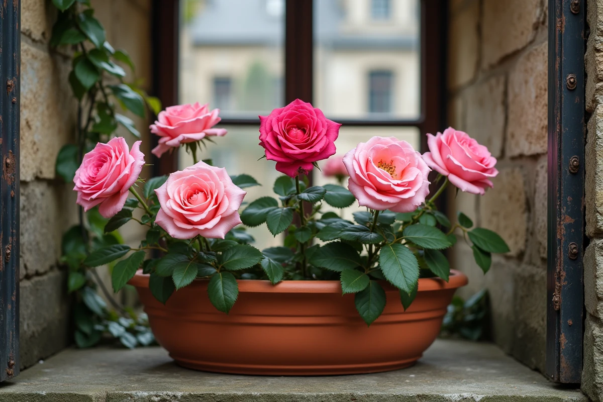 Collection de variétés de roses roses dans un pot en terre cuite sur rebord de fenêtre en pierre avec château en arrière-plan