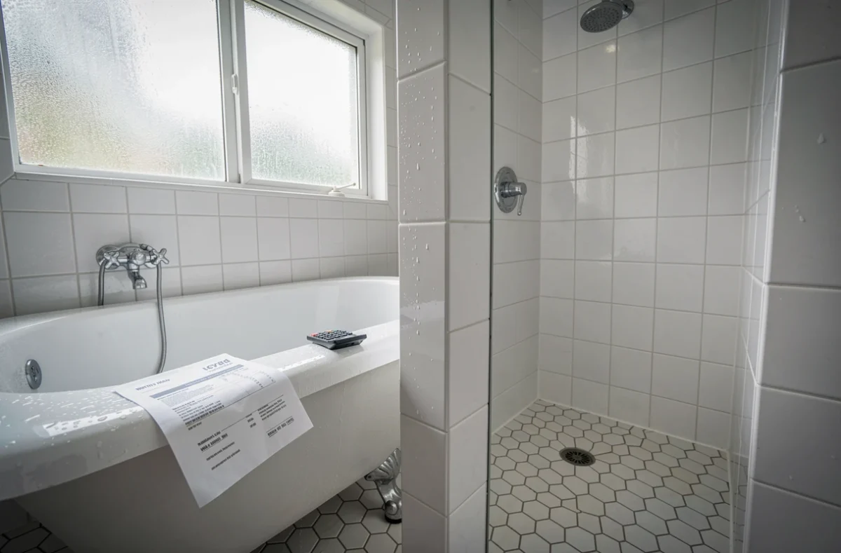 Comparaison baignoire et douche italienne dans une même salle de bain avec facture d'eau posée sur le rebord