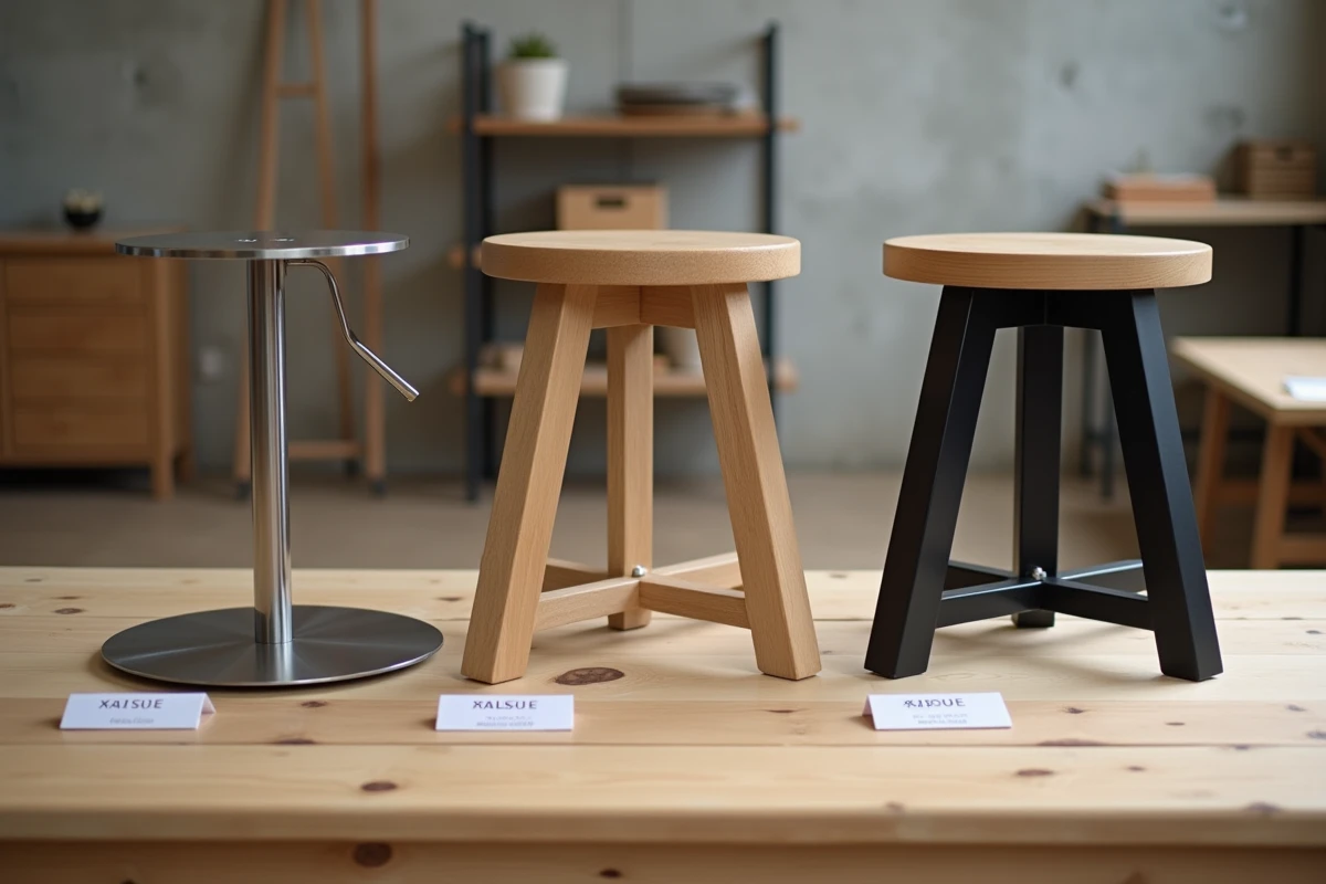 Comparaison de trois types de bases de tabourets de bar en acier brossé, bois de chêne et métal noir mat sur une table d'atelier