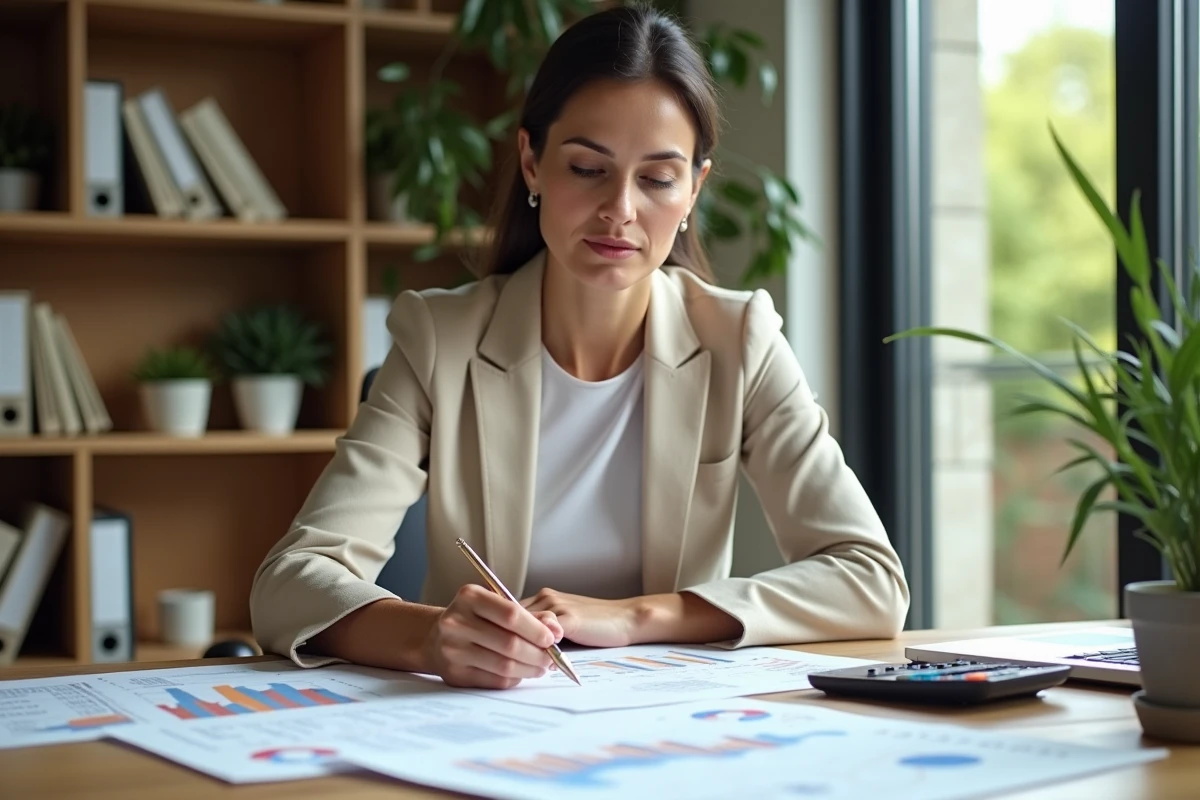 Femme comparant plusieurs devis de travaux d'enrobé drainant sur un bureau à domicile
