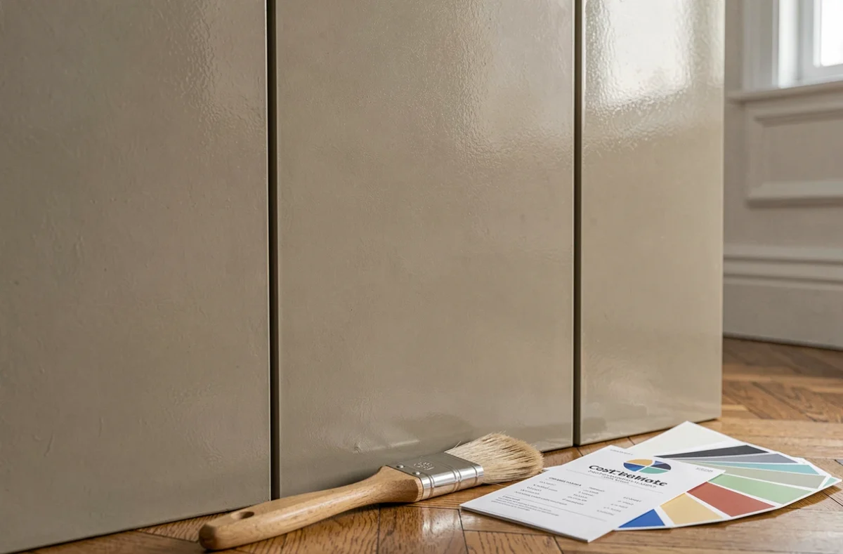 Comparaison de trois finitions peinture mat, satin et brillant sur panneaux muraux avec un devis imprimé et un pinceau professionnel en décoration intérieure