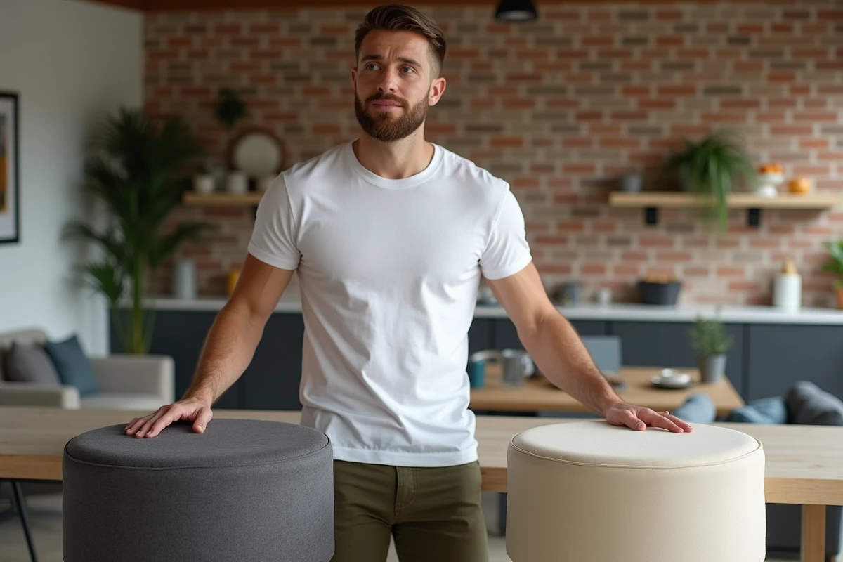 Homme comparant deux housses de tabouret de bar rondes de tailles différentes dans un intérieur moderne