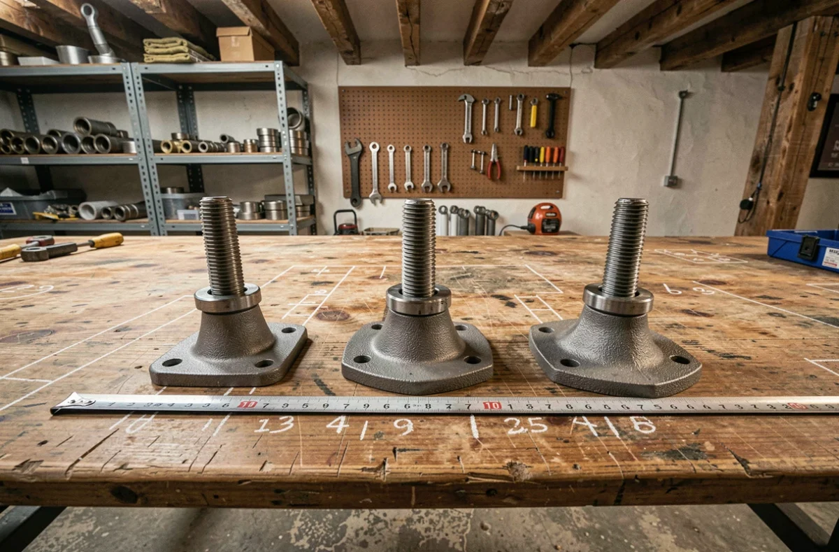 Comparaison de trois modèles de pieds réglables en fonte pour radiateur sur établi d'artisan plombier