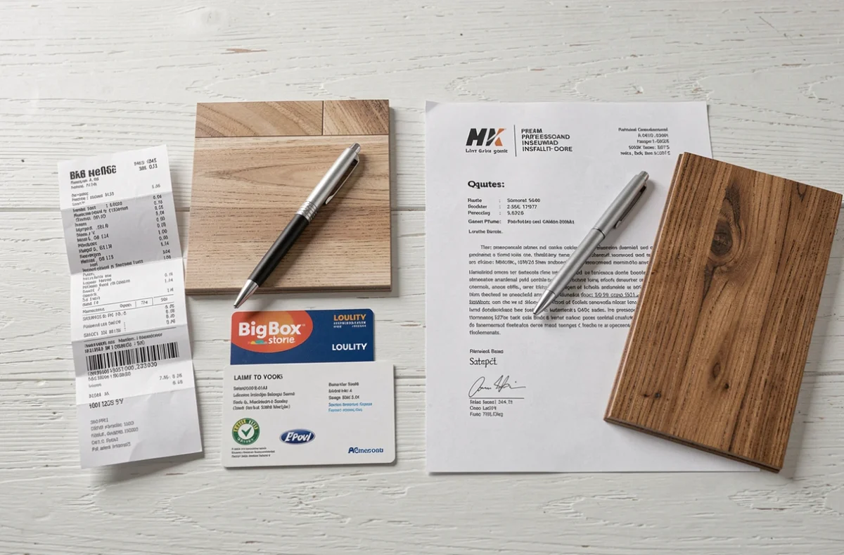 Comparaison de prix entre devis d'un professionnel et ticket de caisse de grande surface pour un achat de parquet