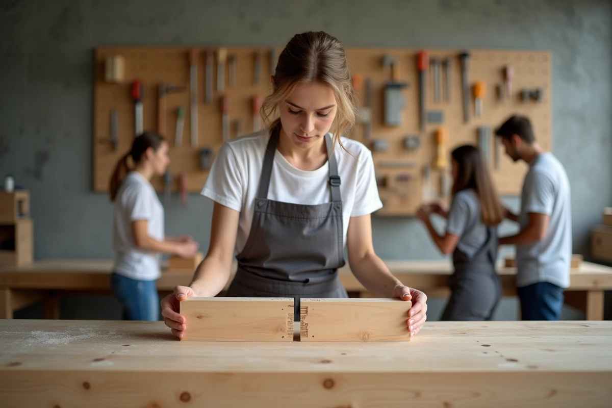 Jeune femme comparant un assemblage tenon mortaise traditionnel avec un assemblage moderne à vis de poche dans une école de menuiserie