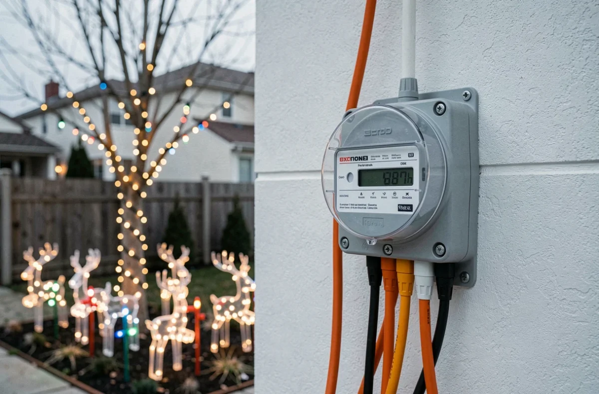 Compteur électrique résidentiel affichant une consommation élevée avec des câbles de guirlandes de Noël extérieures connectés