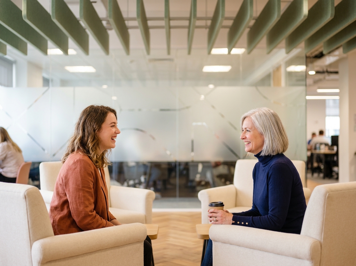 Deux femmes en conversation détendue dans un espace de coworking doté de baffles acoustiques au plafond pour améliorer le confort sonore