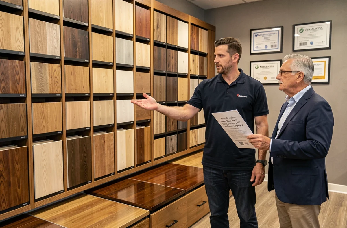 Professionnel du sol conseillant un client dans un showroom spécialisé en parquet et revêtements de sol