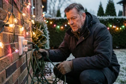 Homme examinant des prises électriques extérieures surchargées avec des guirlandes lumineuses de Noël branchées sur un adaptateur multiple
