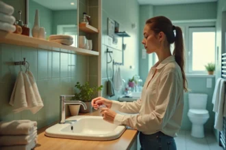 Vue grand angle d'un appartement français moderne montrant différents postes de consommation d'eau au quotidien