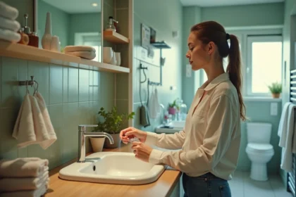 Vue grand angle d'un appartement français moderne montrant différents postes de consommation d'eau au quotidien
