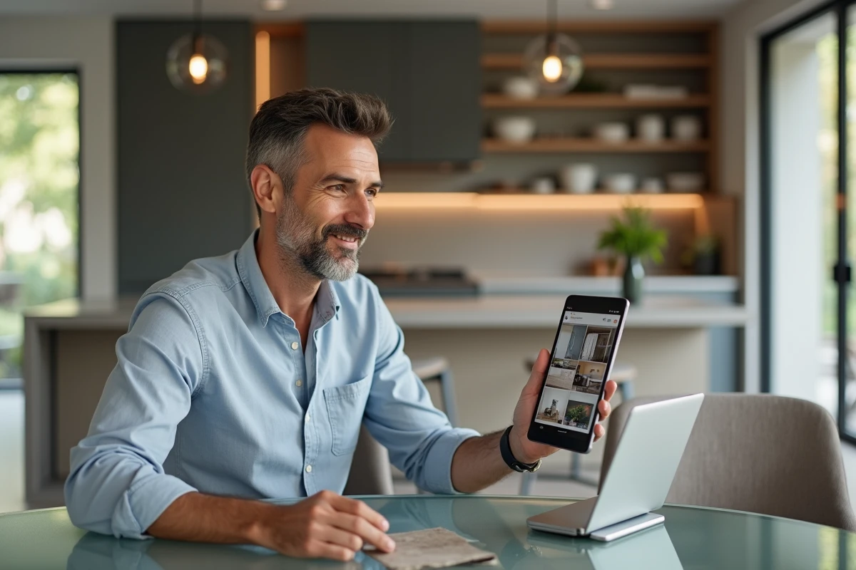 Homme en consultation vidéo avec un architecte d'intérieur à distance tenant un échantillon de carrelage dans une cuisine moderne