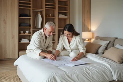 Couple dans une chambre bien organisée et lumineuse