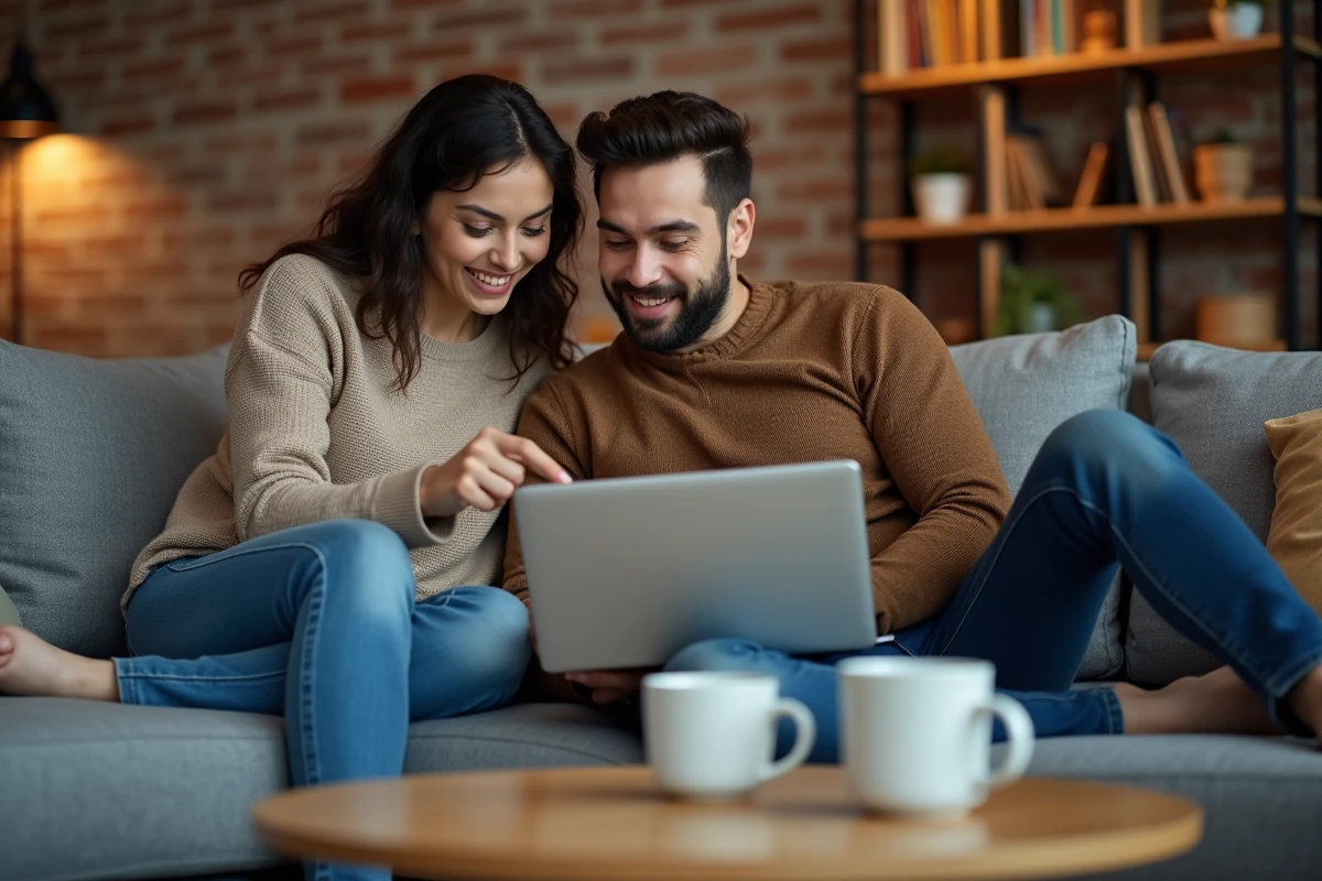 Couple analysant ensemble les prix et avis de l'application mobile lamaison360 avant souscription
