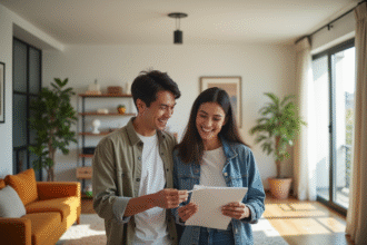 Jeune couple inspectant un salon lumineux et moderne