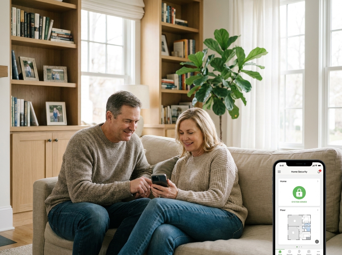 Couple consultan l'application mobile de gestion d'une alarme sans fil depuis leur salon
