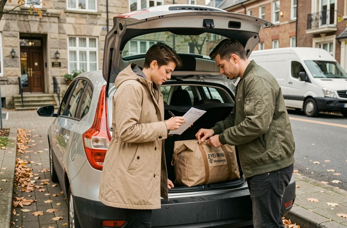 Couple vérifiant une checklist de déménagement au coffre d'une voiture chargée devant un immeuble
