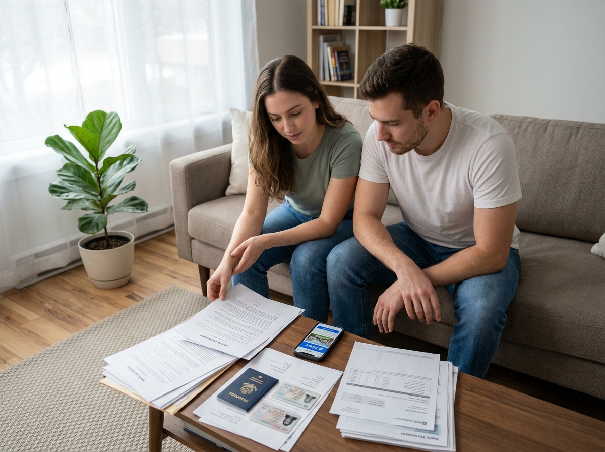 Couple révisant des documents de location et contrats de logement ensemble dans leur appartement
