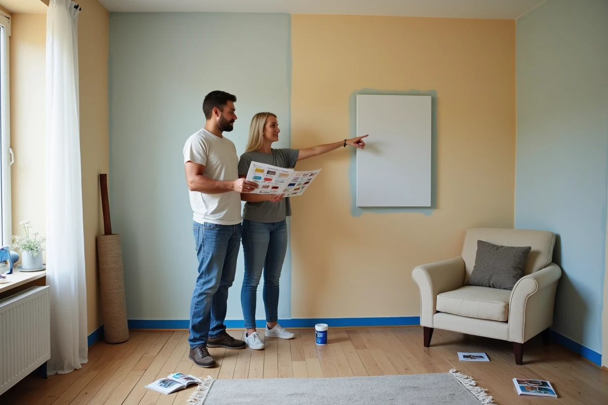 Couple évaluant des erreurs de décoration dans un salon en cours de rénovation avec des nuanciers de peinture