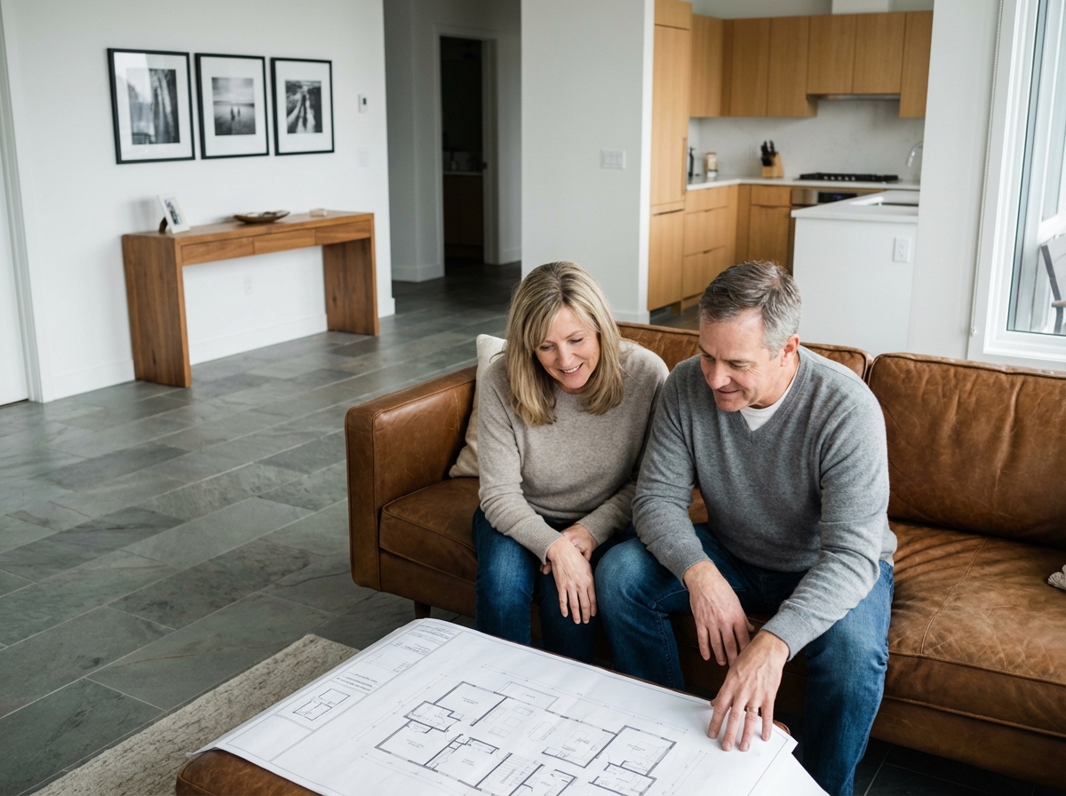 Couple âgé consultant un plan dans un salon moderne