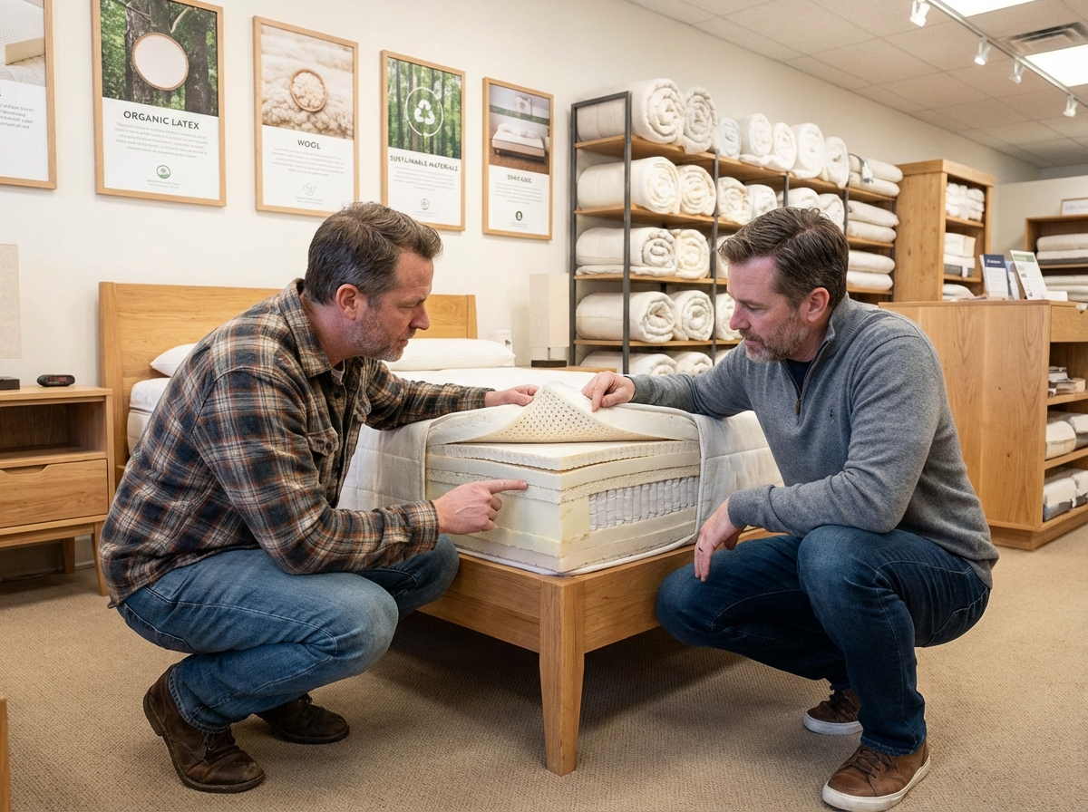 Couple examine un matelas latex dans un magasin