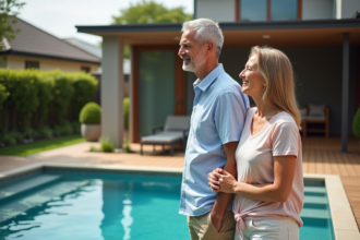 Couple d'adultes au bord de la piscine dans un jardin moderne