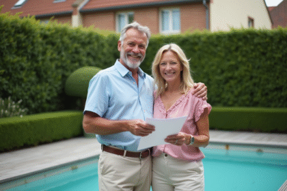 Couple souriant près d'une piscine dans un jardin