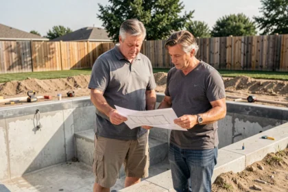 Couple étudiant les plans de construction de leur piscine enterrée pour optimiser le budget des travaux