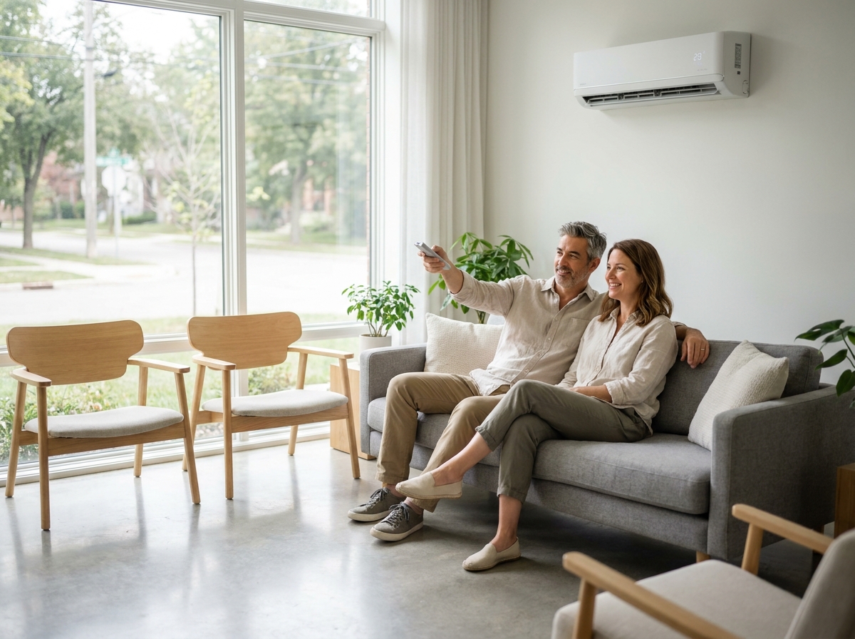 Couple détendu dans un salon moderne équipé d'une climatisation murale fixe, illustrant le confort d'une installation permanente