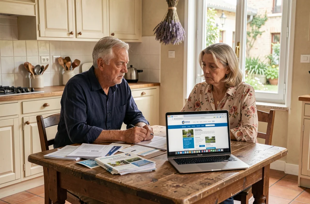 Couple de seniors français étudiant des brochures sur les aides à l'installation d'une pompe à chaleur à la maison
