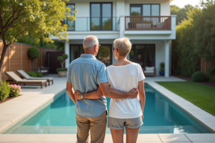 Couple souriant devant leur piscine dans le jardin