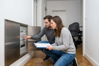 Jeune couple examinant le tableau électrique de leur maison avant l'arrivée de leur bébé