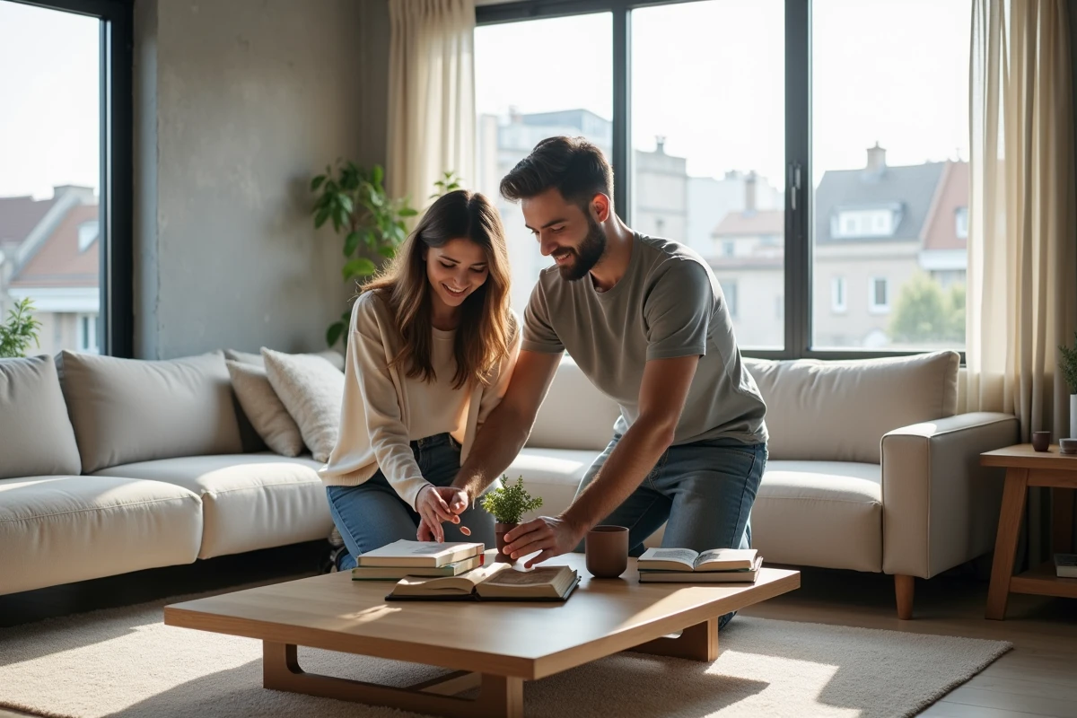 Jeune couple arrangeant des livres dans un studio moderne