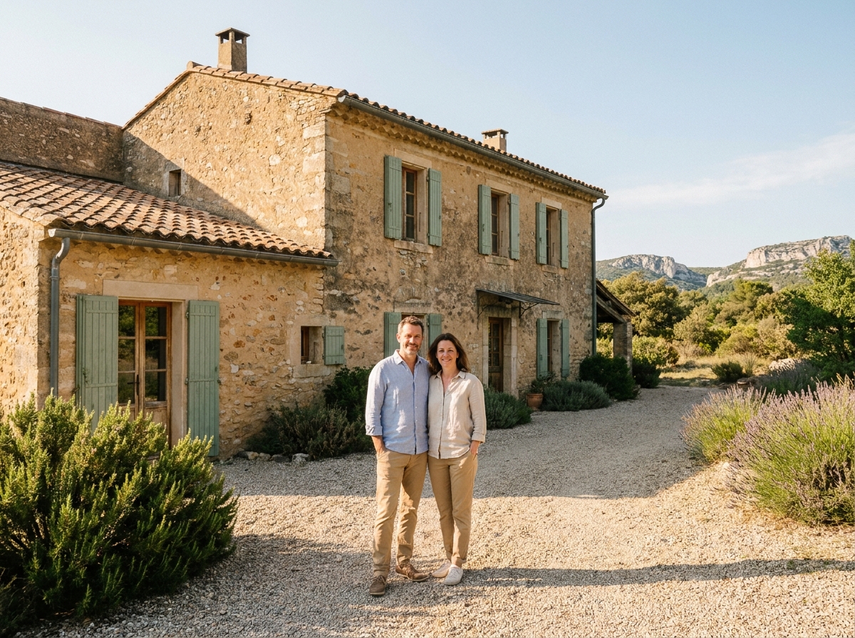 Couple visitant une maison en pierre traditionnelle à vendre à Saint-Martin-de-Londres dans l'Hérault