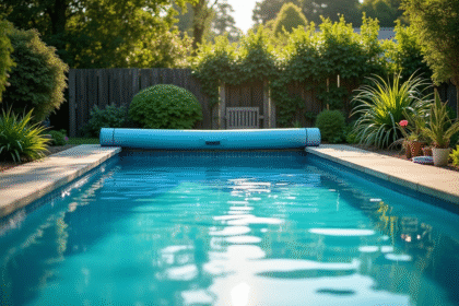 Piscine extérieure avec couverture solaire écologique et plantes