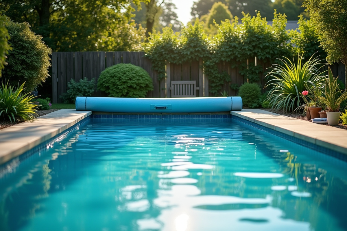 Piscine extérieure avec couverture solaire écologique et plantes