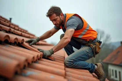 Couvreur posant des tuiles en terre cuite sur une toiture en pente, vue de côté sur un chantier résidentiel