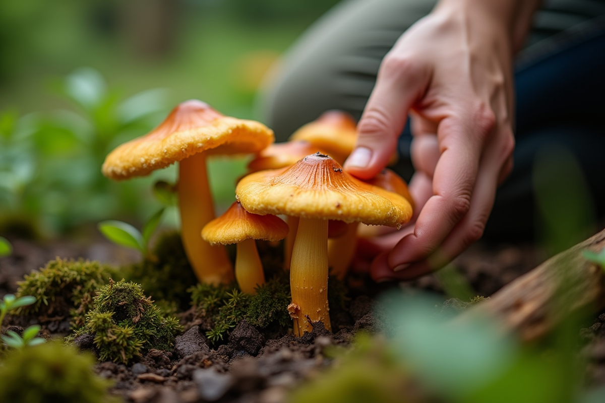 Main de jardinier cueillant des chanterelles dans le jardin