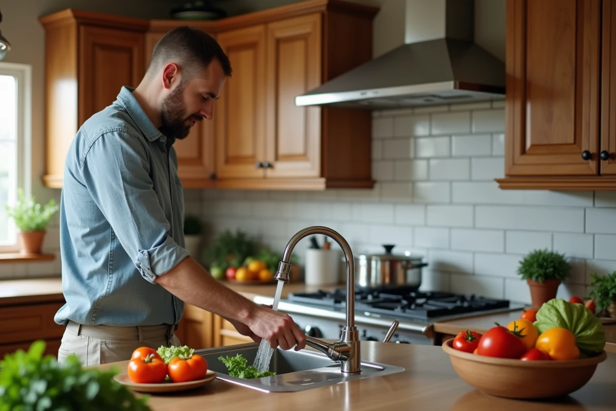 Homme lavant des légumes sous le robinet de cuisine avec une casserole sur le feu en arrière-plan