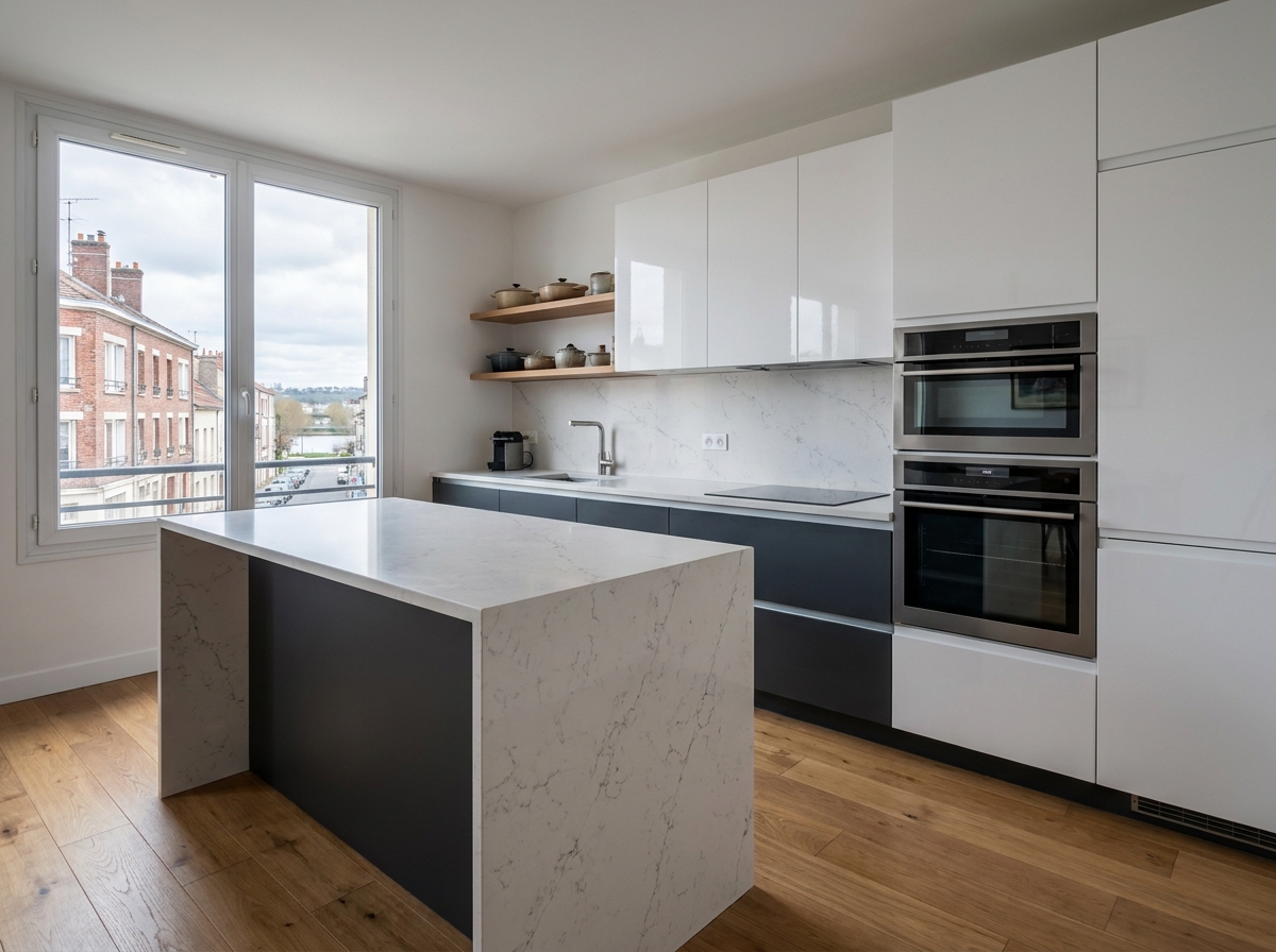 Cuisine moderne entièrement rénovée avec îlot en quartz et meubles sur mesure dans un appartement contemporain à Melun